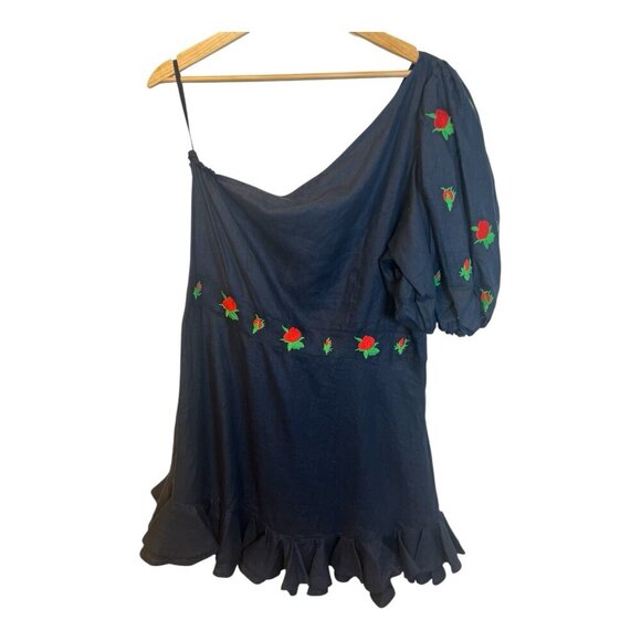 Fanm Mon Flame Size Mini Linen One Sleeve L Ruffle Hem Floral Embroidery Dress - Picture 4 of 11